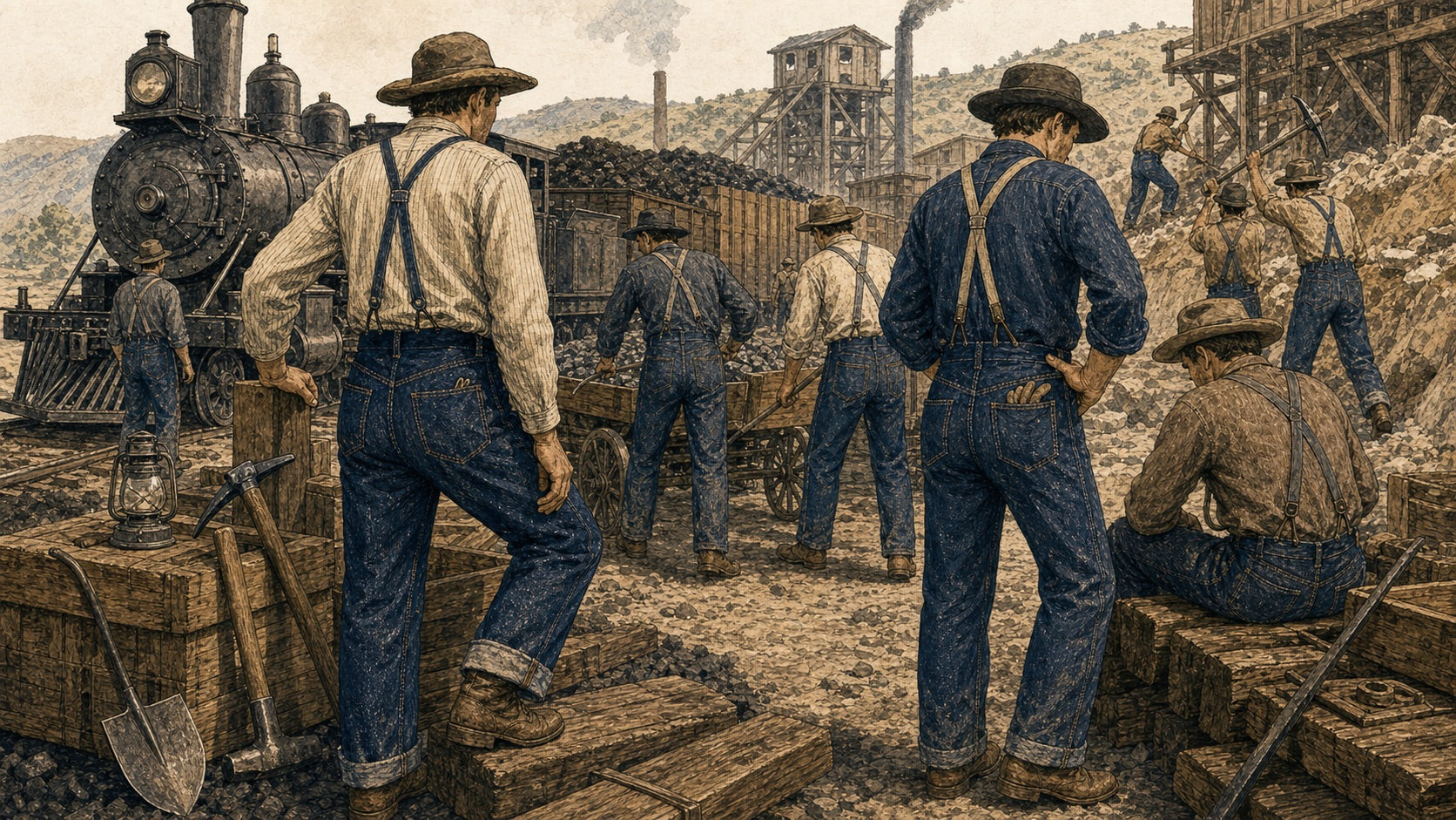 Illustration of 1870s to early 1900s denim workwear jeans worn by miners, railroad workers, and laborers