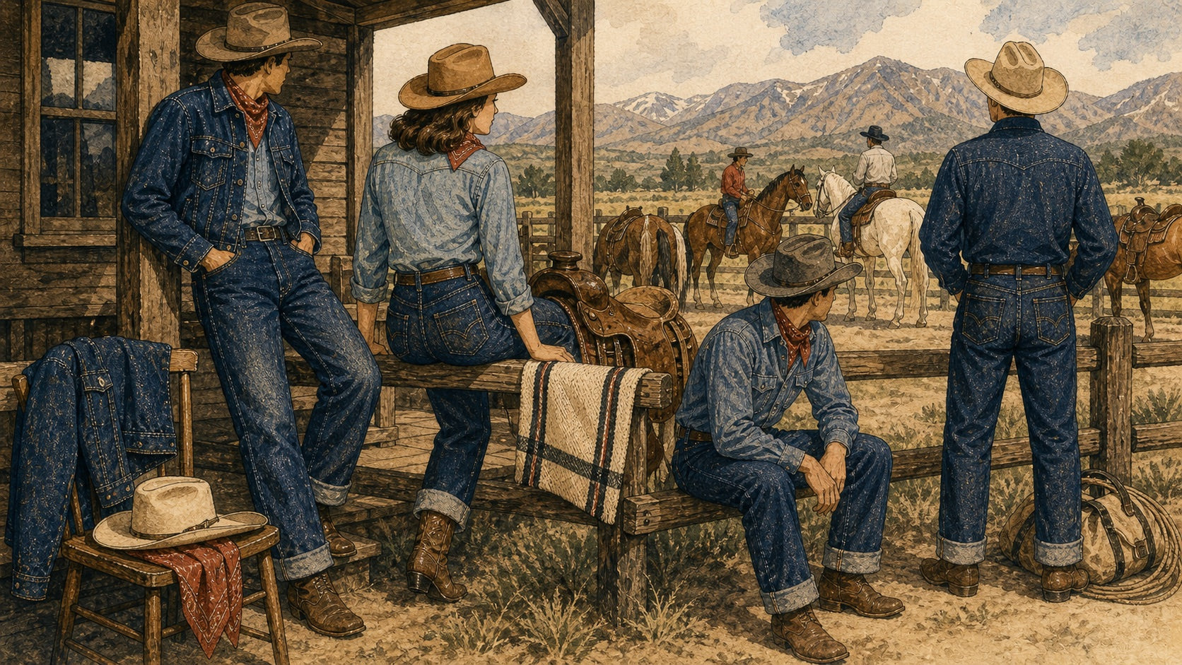 Illustration of 1930s western denim, ranch style, cuffed jeans, denim jackets, boots, and casual American West fashion