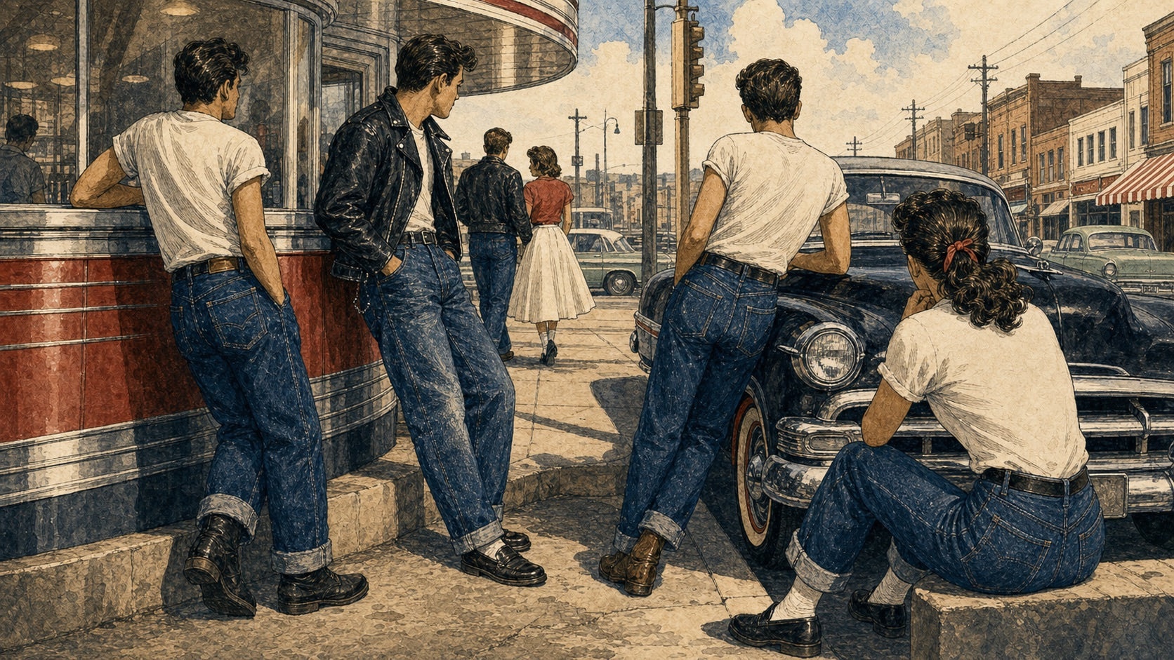Illustration of 1950s rebel denim style with white T-shirts, leather jacket, cuffed straight jeans, diner, and city street mood