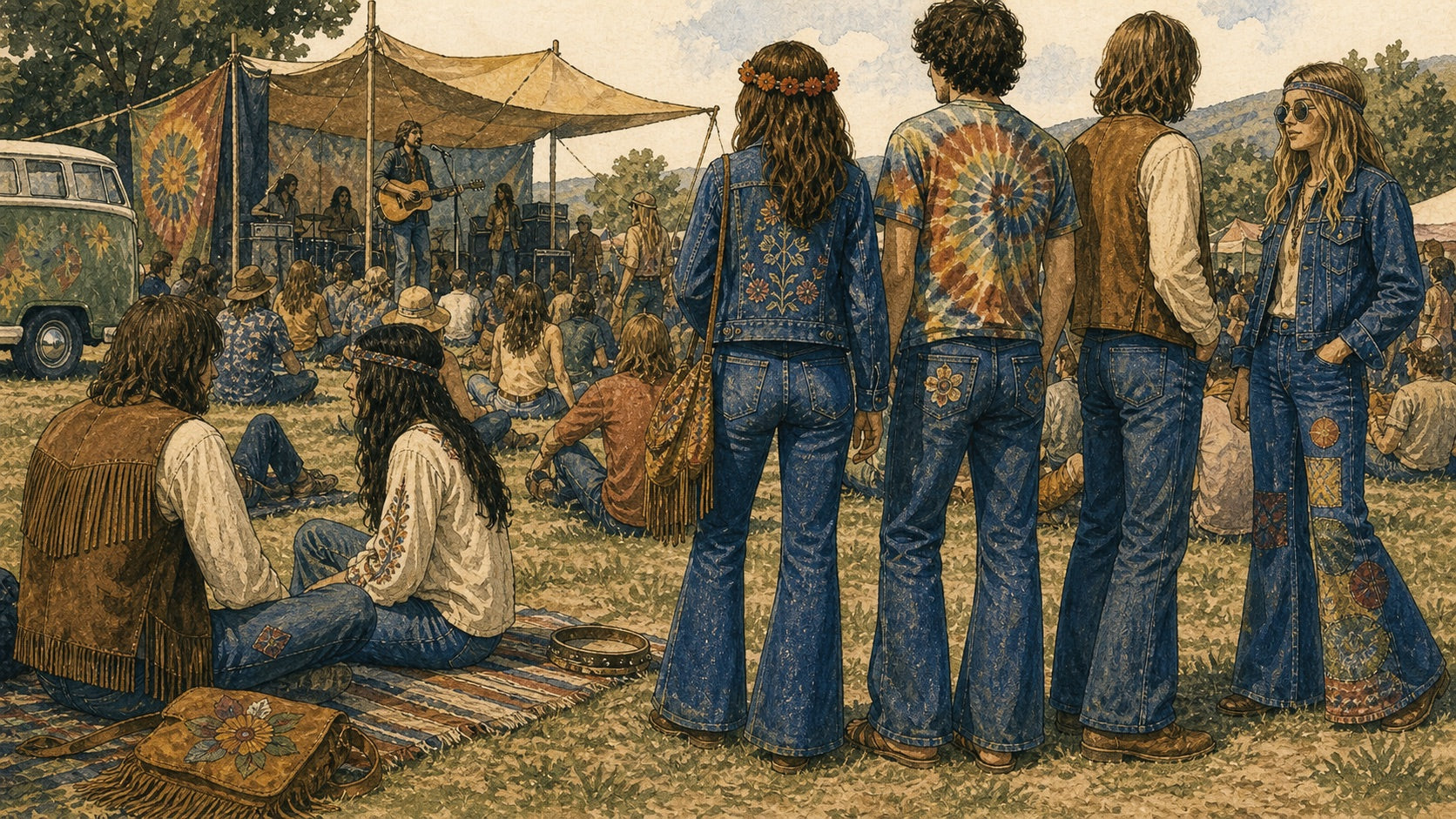 Illustration of 1960s counterculture denim fashion with embroidered jeans, patchwork denim, flared jeans, music, and outdoor festival mood