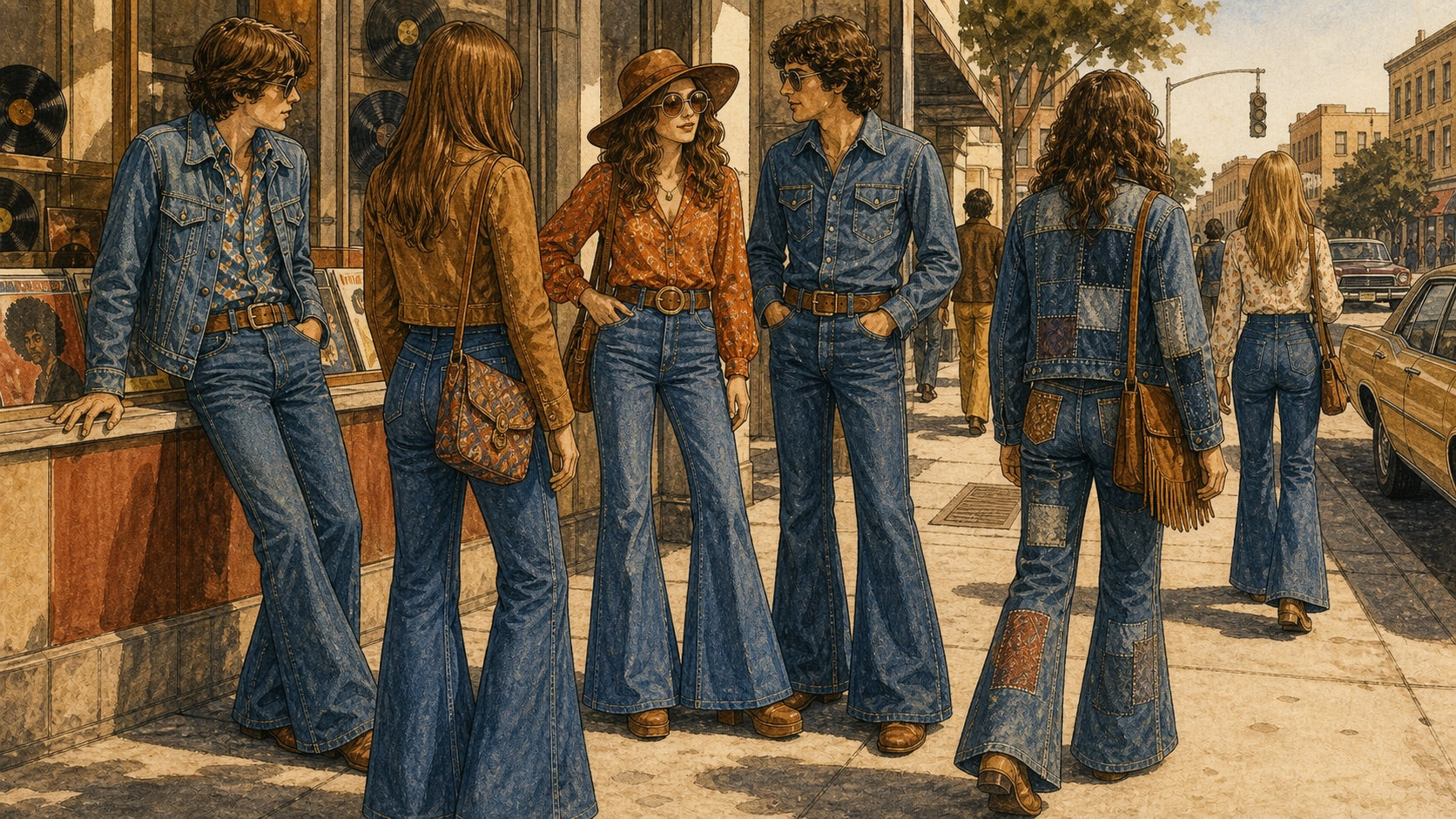 Illustration of 1970s denim fashion with bell-bottom jeans, flared jeans, denim-on-denim, record shop, and youth street style