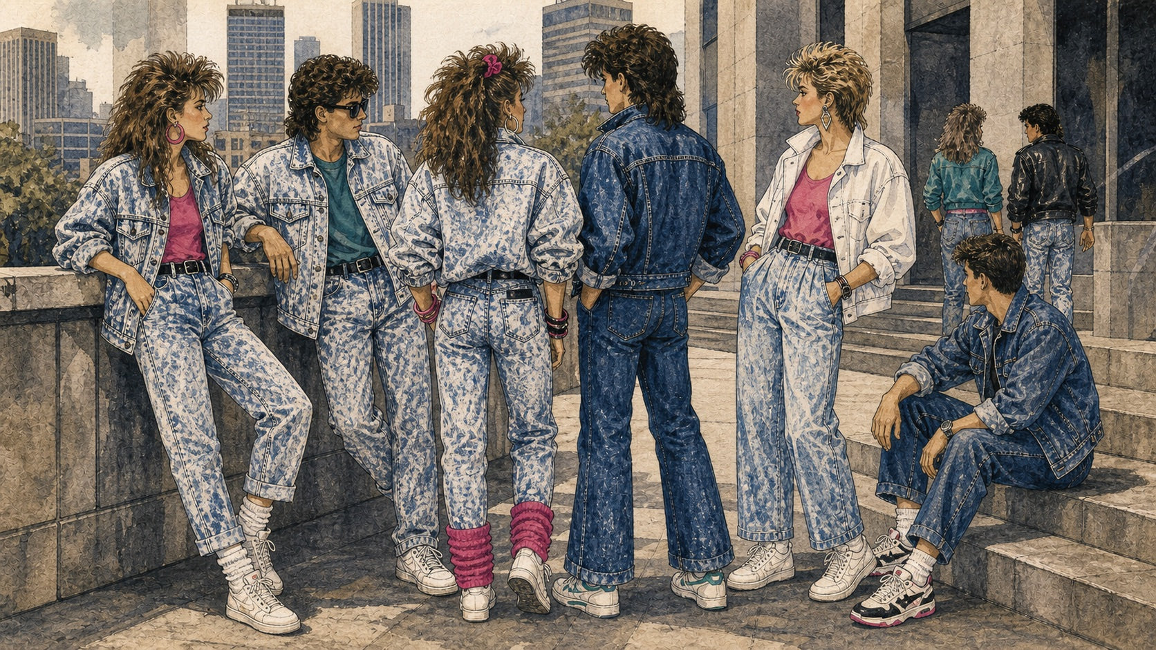 Illustration of 1980s acid wash denim fashion with oversized denim jackets, tapered jeans, bright streetwear, and designer jeans mood