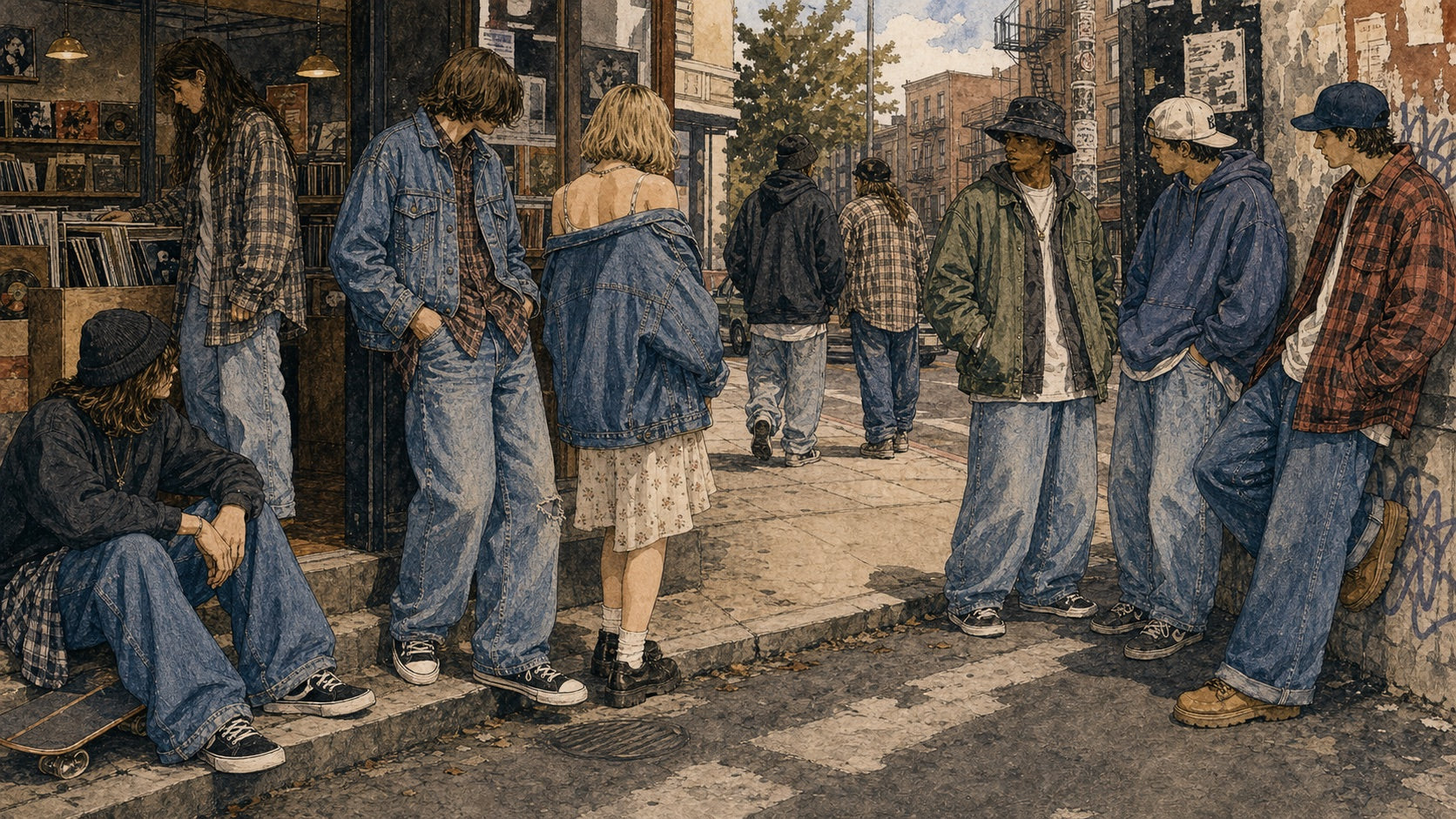 Illustration of 1990s denim fashion with baggy jeans, flannel shirts, skate style, grunge, hip-hop, and relaxed streetwear