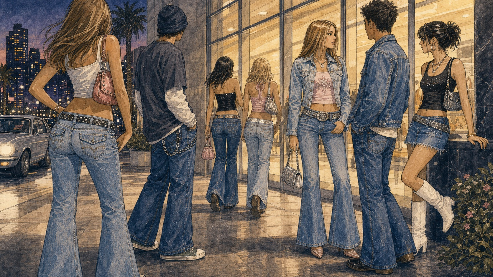 Illustration of 2000s Y2K denim fashion with low-rise jeans, bootcut silhouettes, denim skirts, pop culture, and night city style