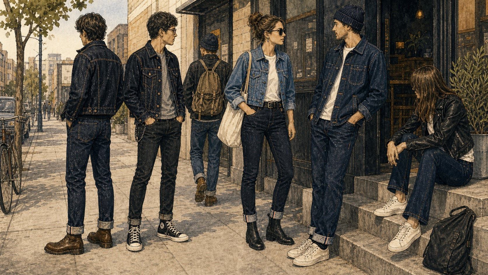 Illustration of 2010s denim fashion with skinny jeans, raw denim, cuffed selvedge jeans, leather boots, and heritage menswear