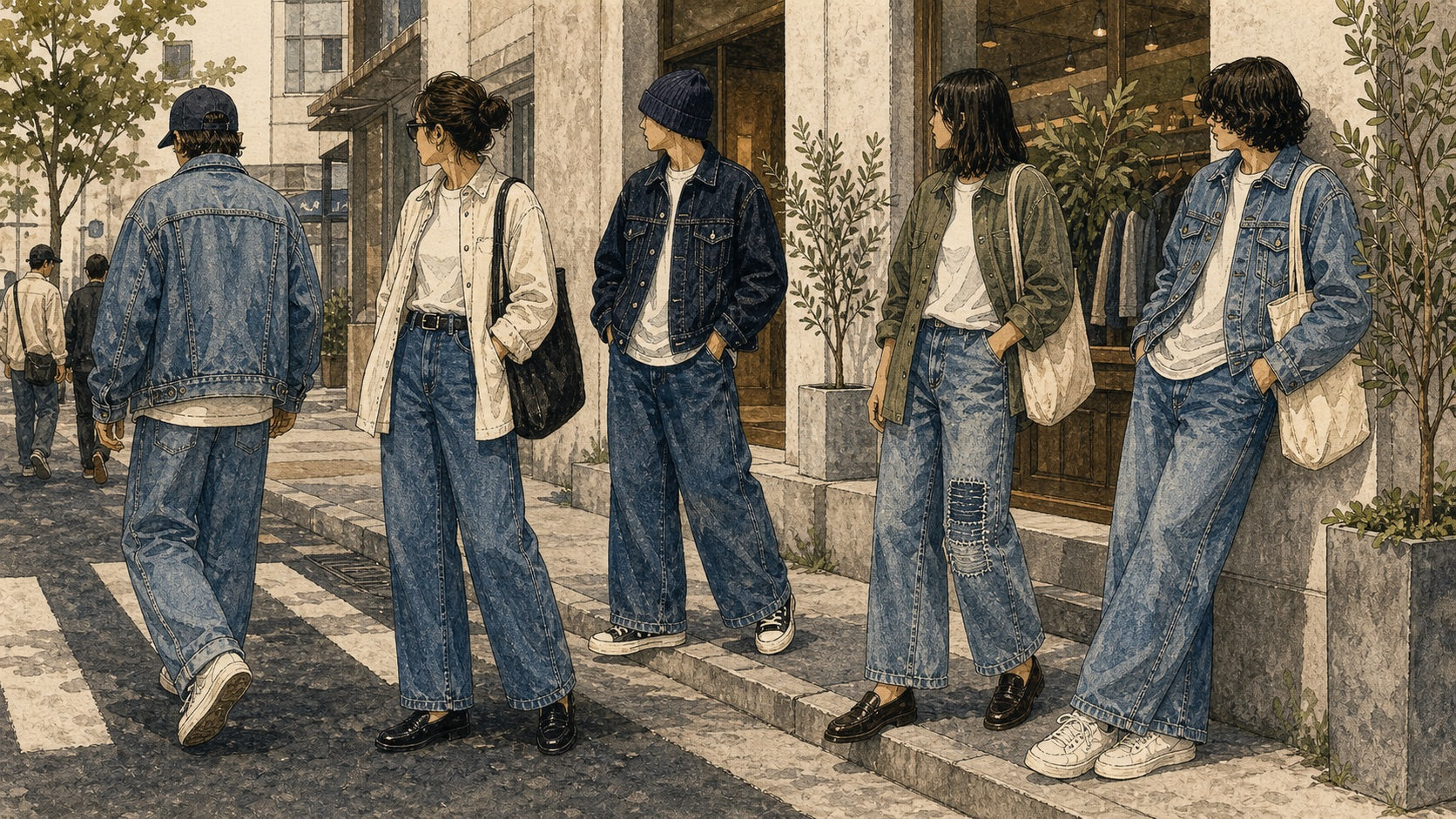 Illustration of 2020s denim fashion with wide-leg jeans, relaxed jeans, repaired denim, vintage wash, and gender-neutral styling