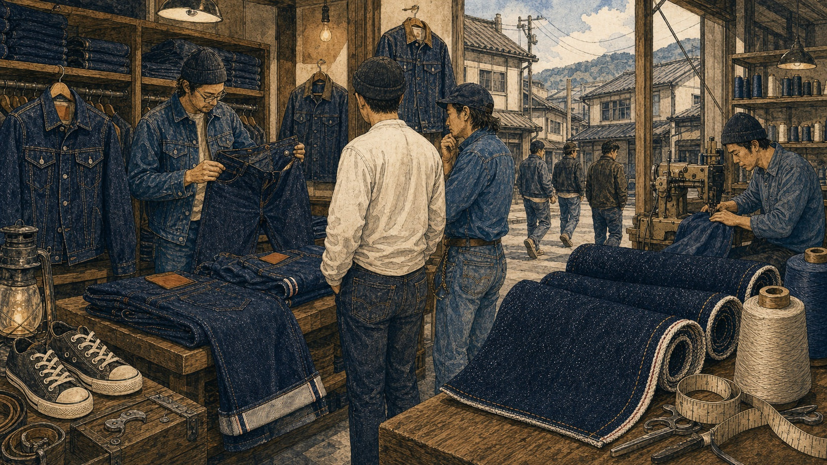 Illustration of the Japanese denim boom with raw selvedge jeans, rolls of denim fabric, sewing studio, denim shop, and Japanese craftsmanship