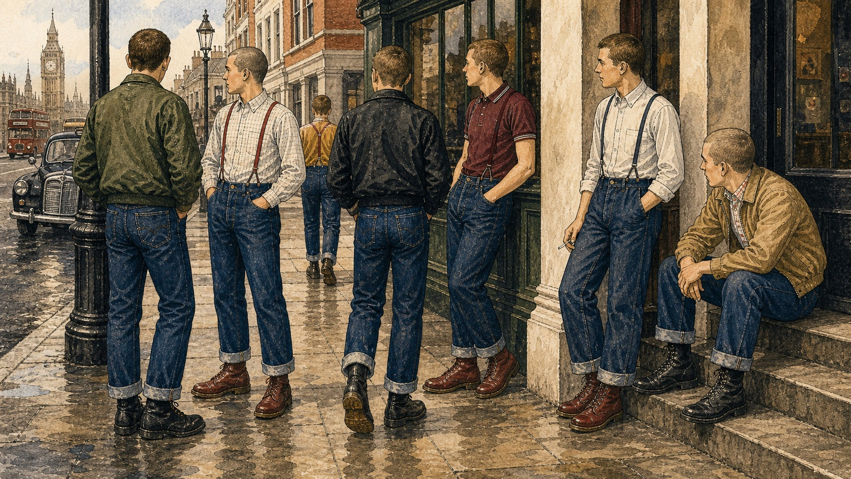 Illustration of late 1960s British skins style with slim straight jeans, rolled cuffs, boots, braces, button-down shirts, and working-class youth fashion