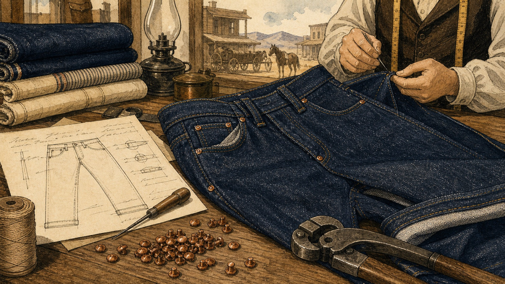 Hand-drawn illustration of a 19th-century tailor workbench with riveted denim work pants and copper rivets