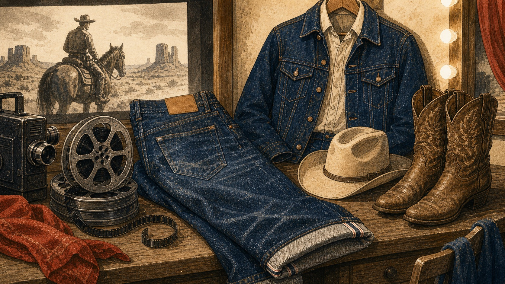 Hand-drawn illustration of denim jeans, denim jacket, film reel, western boots, and vintage cinema atmosphere