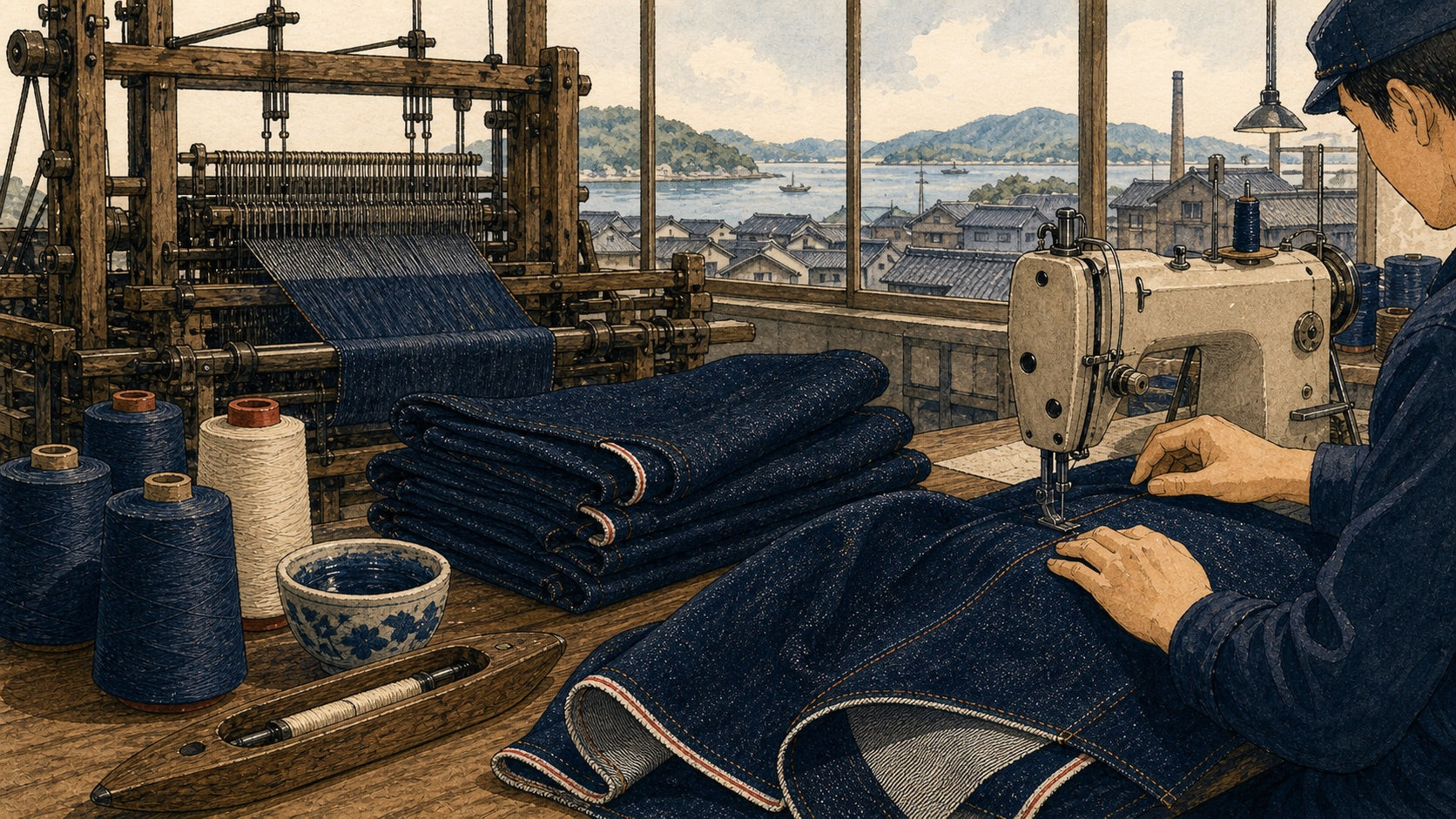 Hand-drawn illustration of Japanese denim craftsmanship with shuttle loom, selvedge fabric, yarn, and sewing machine