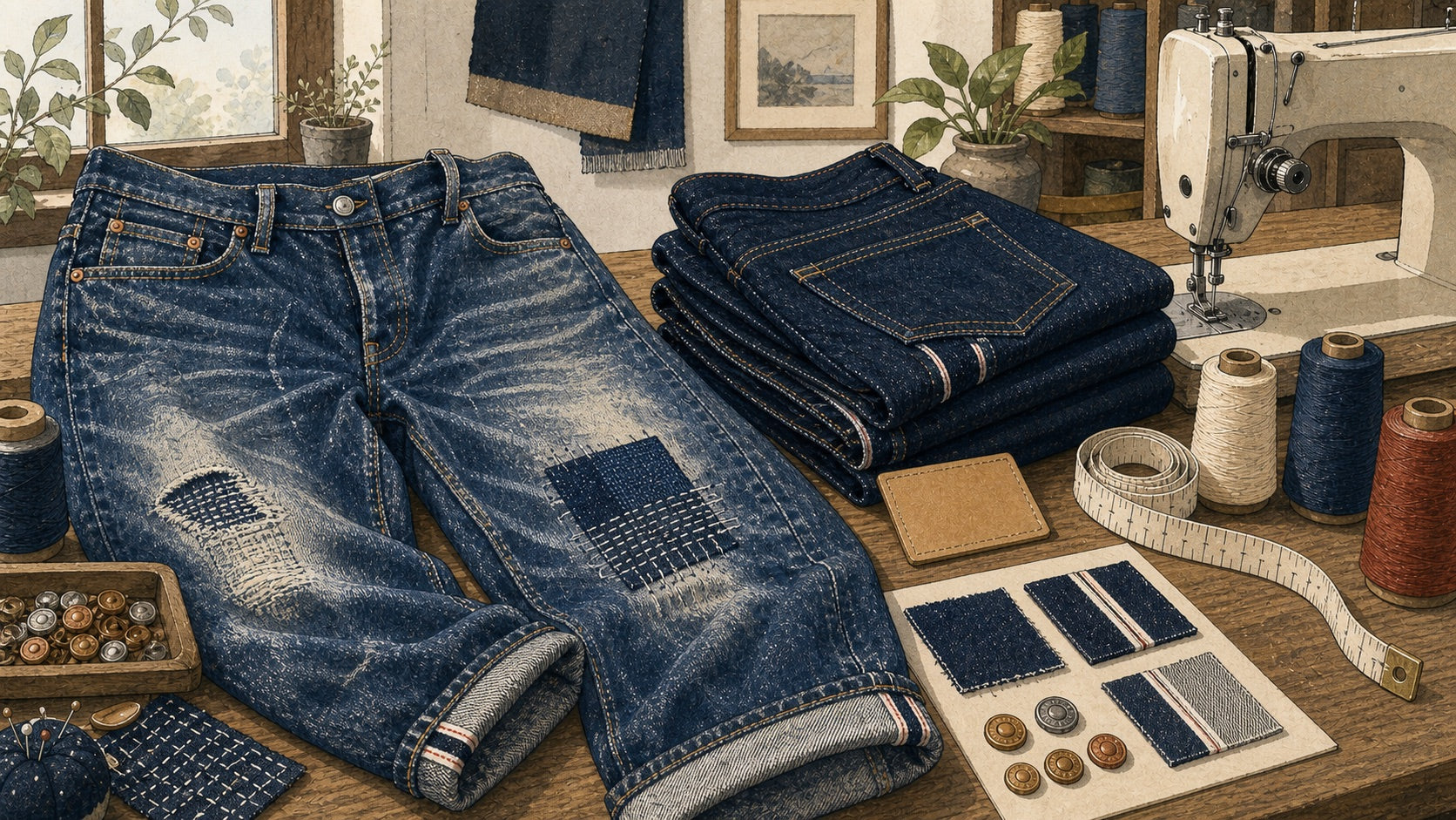 Hand-drawn illustration of modern denim studio with faded jeans, repair stitching, selvedge fabric, measuring tape, and sewing machine