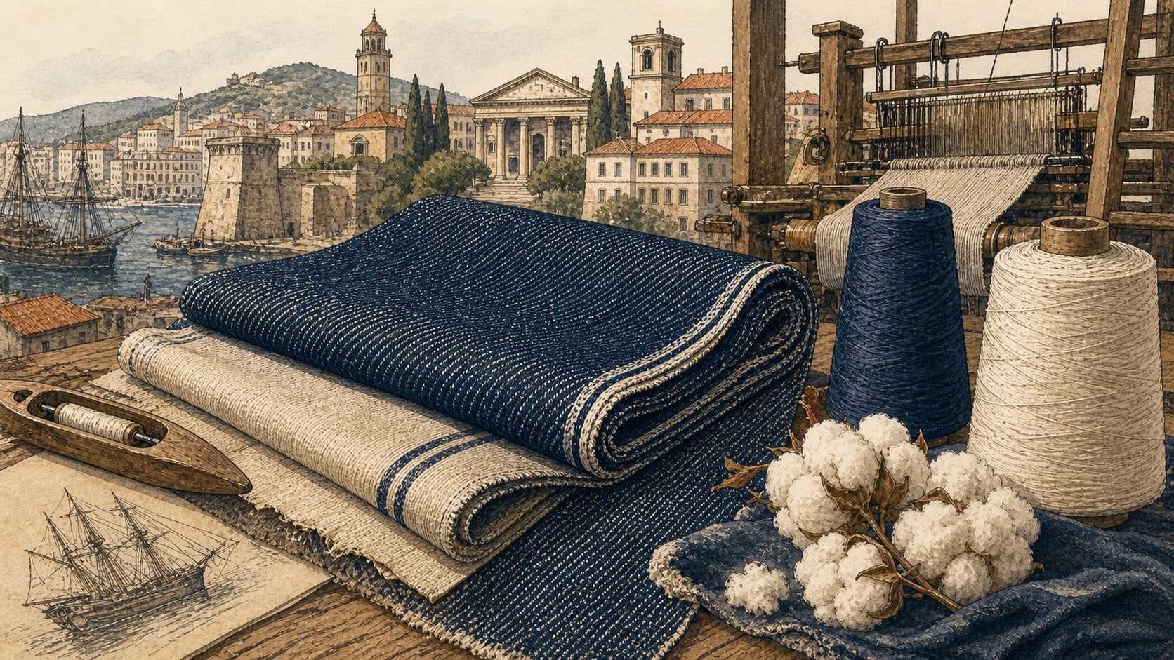Hand-drawn illustration of early indigo twill fabric, textile trade, cotton, yarn, and old looms