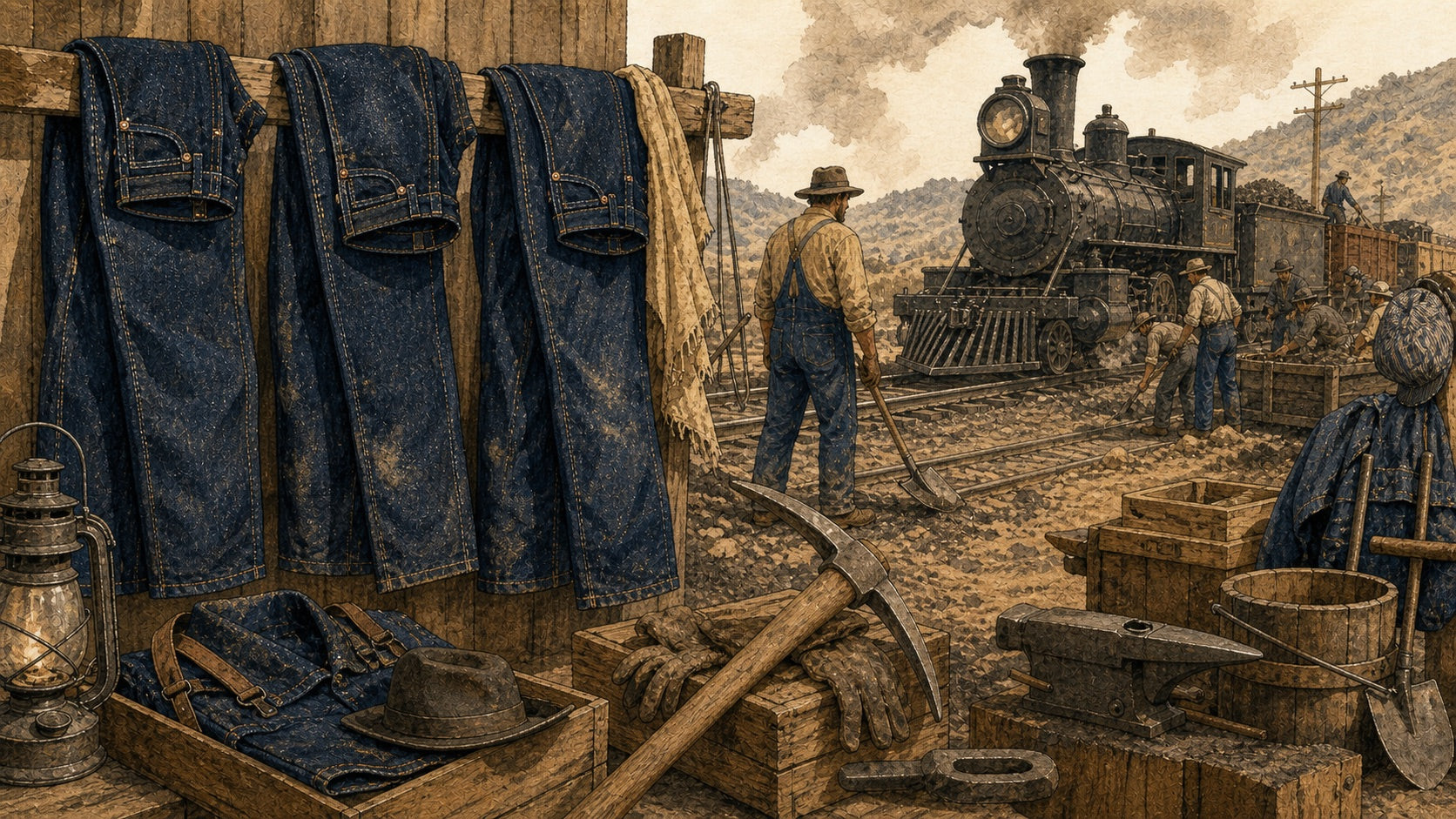 Hand-drawn illustration of denim jeans as durable workwear near railroad and workshop tools
