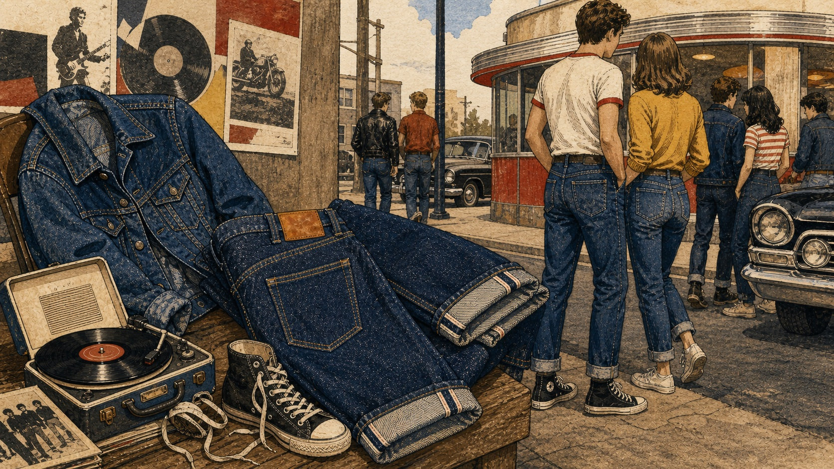 Hand-drawn illustration of jeans and denim jacket becoming youth culture and everyday casual fashion