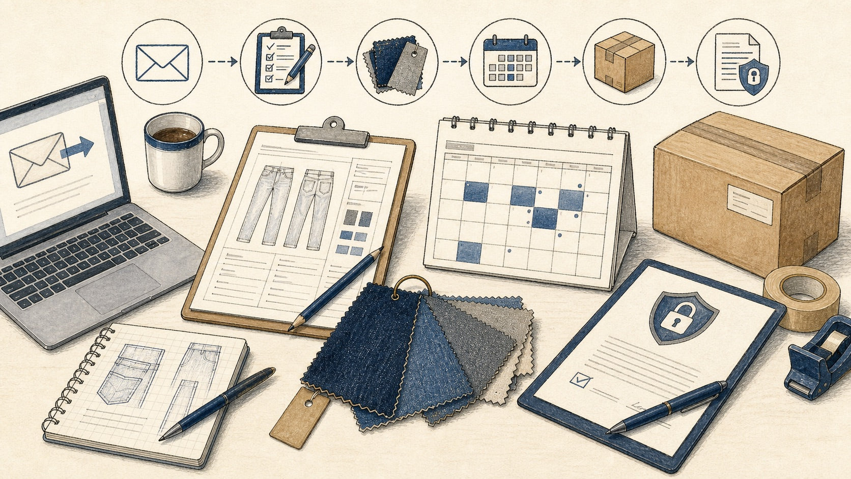 Illustration of an international OEM order checklist, production calendar, fabric swatches and shipping box
