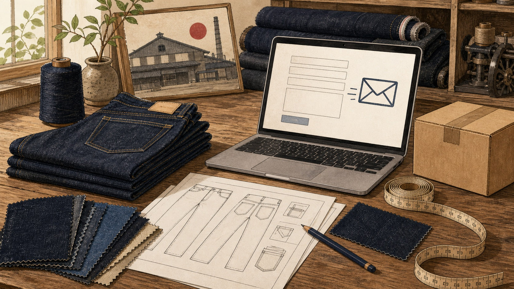 Illustration of an international OEM denim inquiry sent by email and contact form to a Japanese denim sewing factory