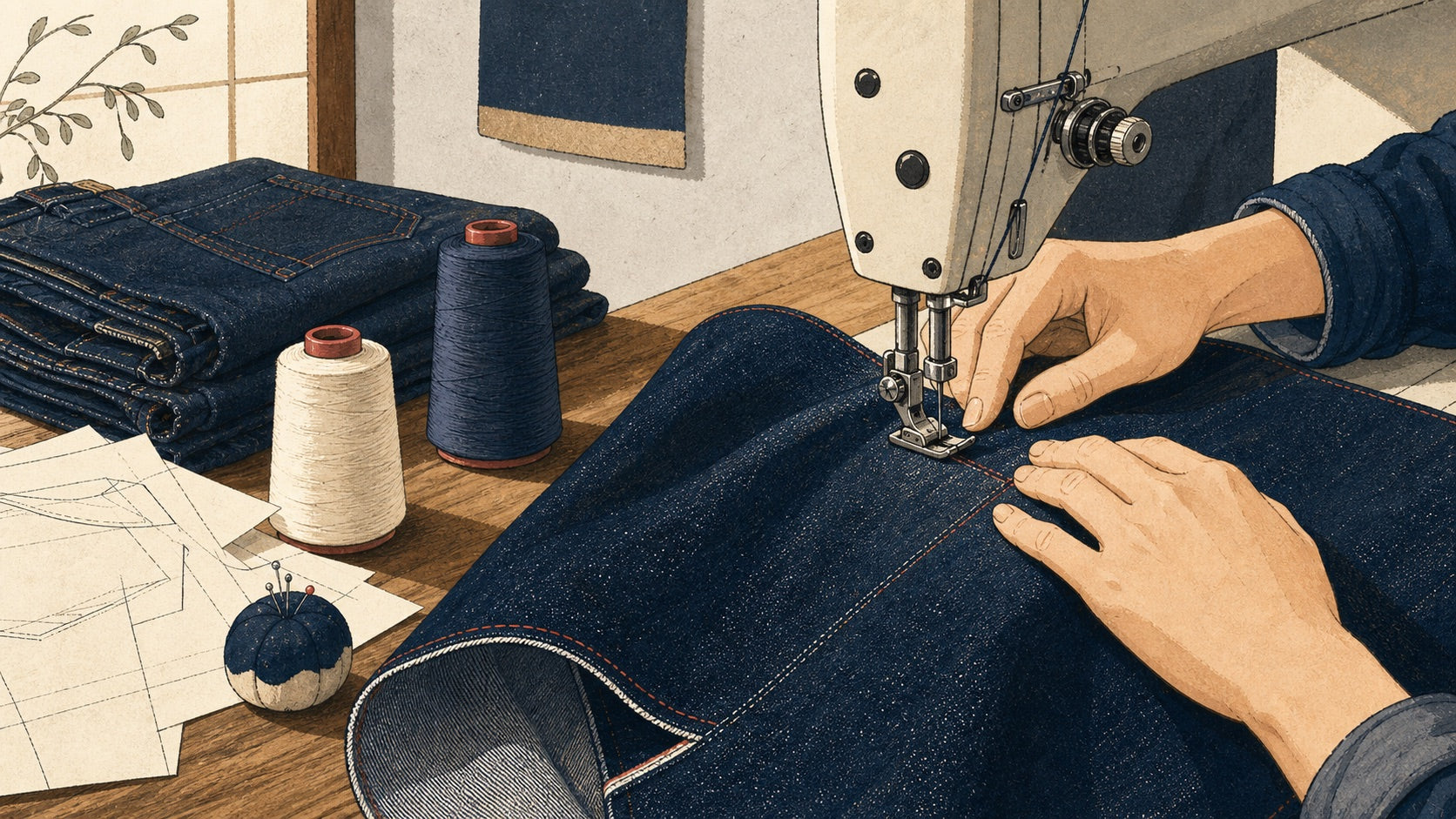 Hand-drawn illustration of Japanese denim craftsmanship in a quiet sewing workshop