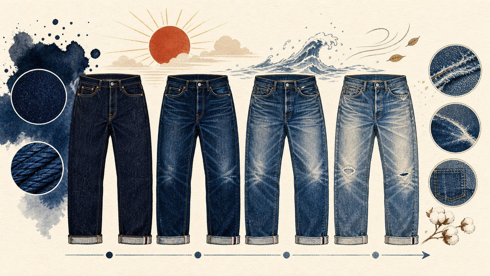 Hand-drawn illustration comparing new indigo denim and beautifully faded Japanese jeans