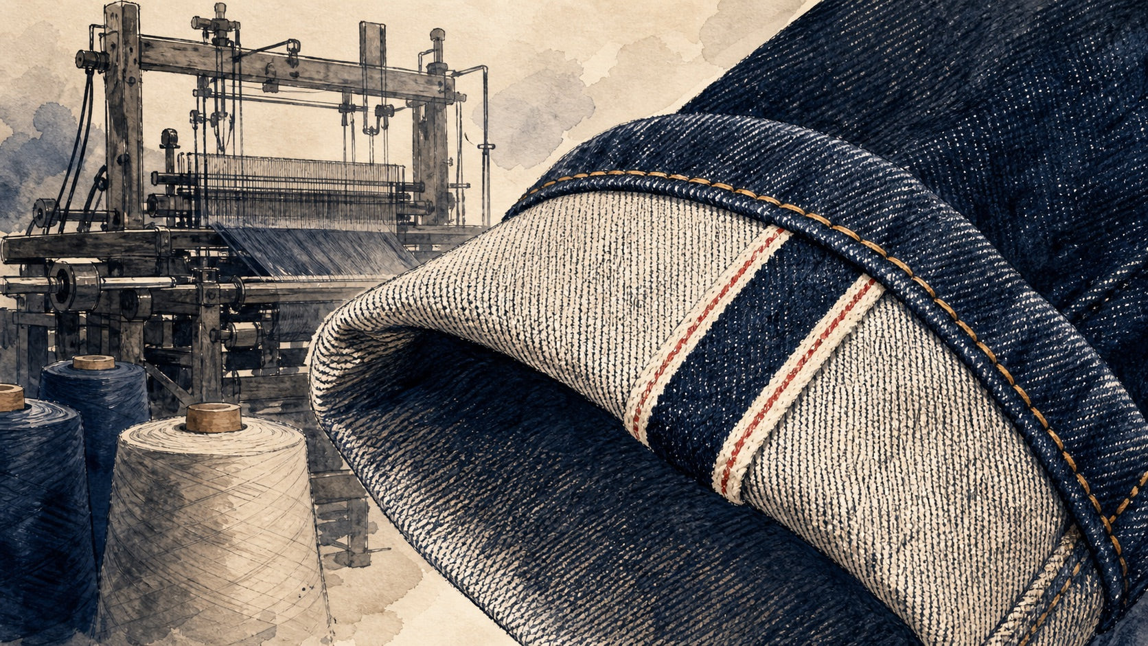 Hand-drawn illustration of red line selvedge denim and shuttle loom heritage in Japan