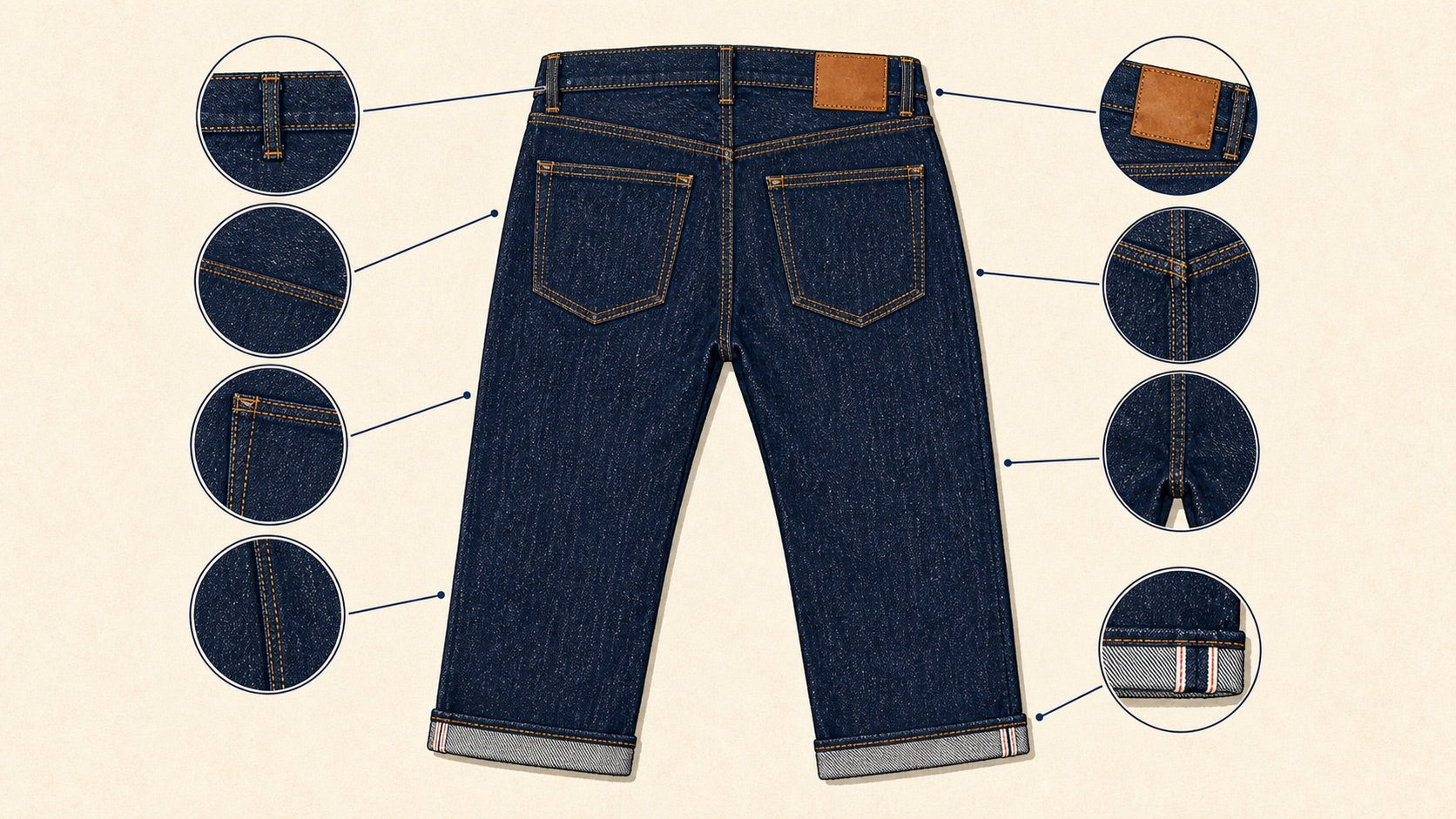 Hand-drawn illustration showing the back parts of jeans including yoke, back pockets, patch, belt loops, and seams
