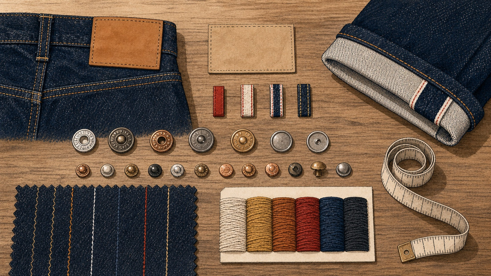 Hand-drawn illustration of semi-custom jeans options including patch, tab, buttons, rivets, thread, selvedge cuff, and measuring tape