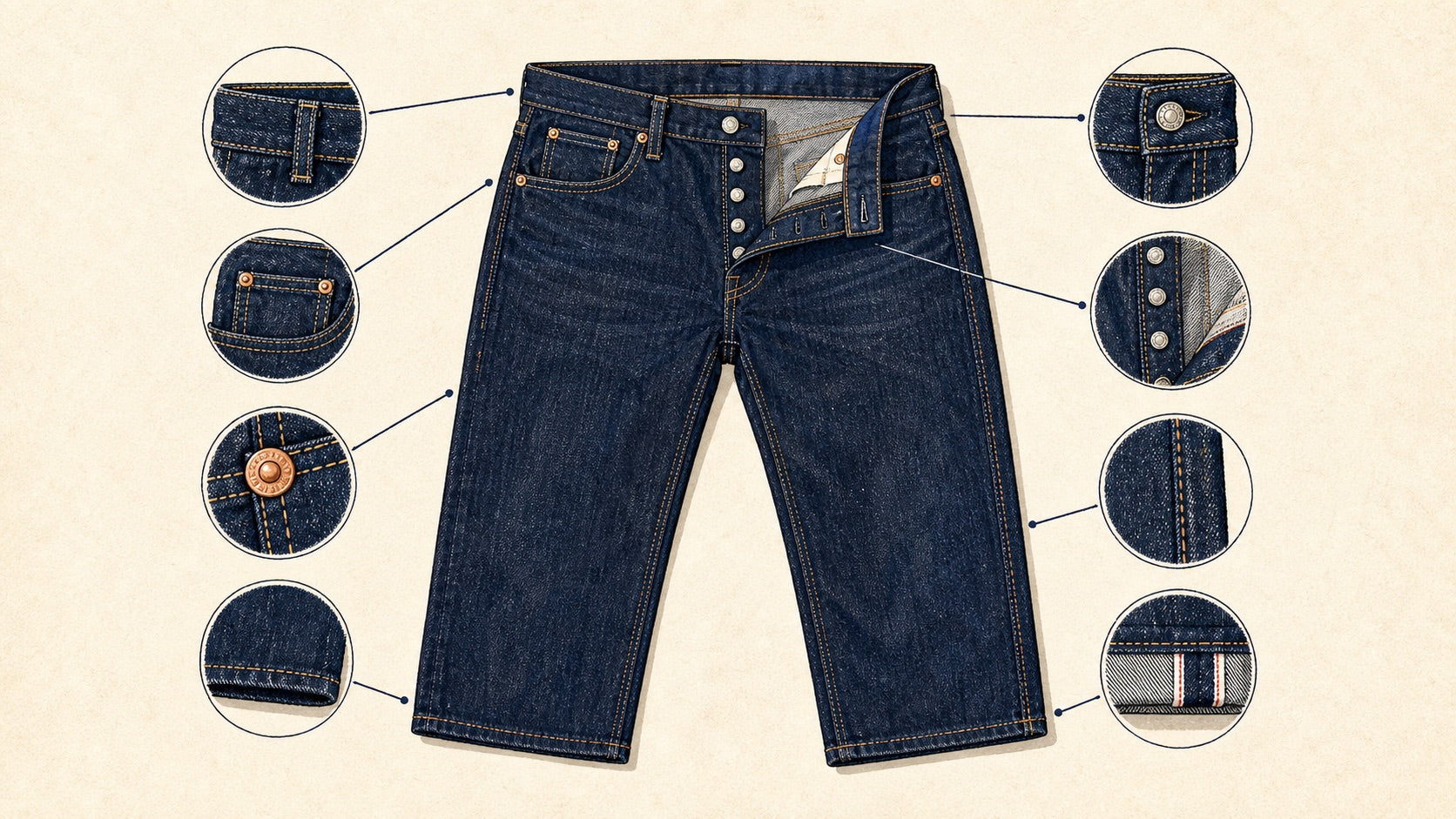 Hand-drawn illustration showing the front parts of jeans including pockets, rivets, fly, waistband, and hem