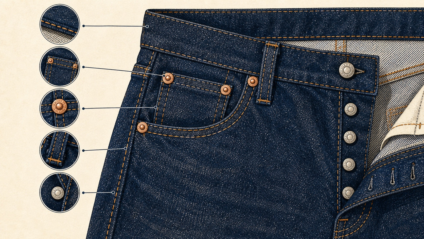 Hand-drawn close-up illustration of jeans coin pocket, front pocket, copper rivets, belt loop, and button fly details