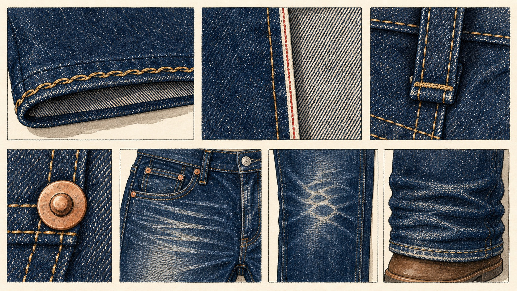 Hand-drawn detail illustration of chain stitch hem, selvedge outseam, rivets, whiskers, honeycombs, and roping fades