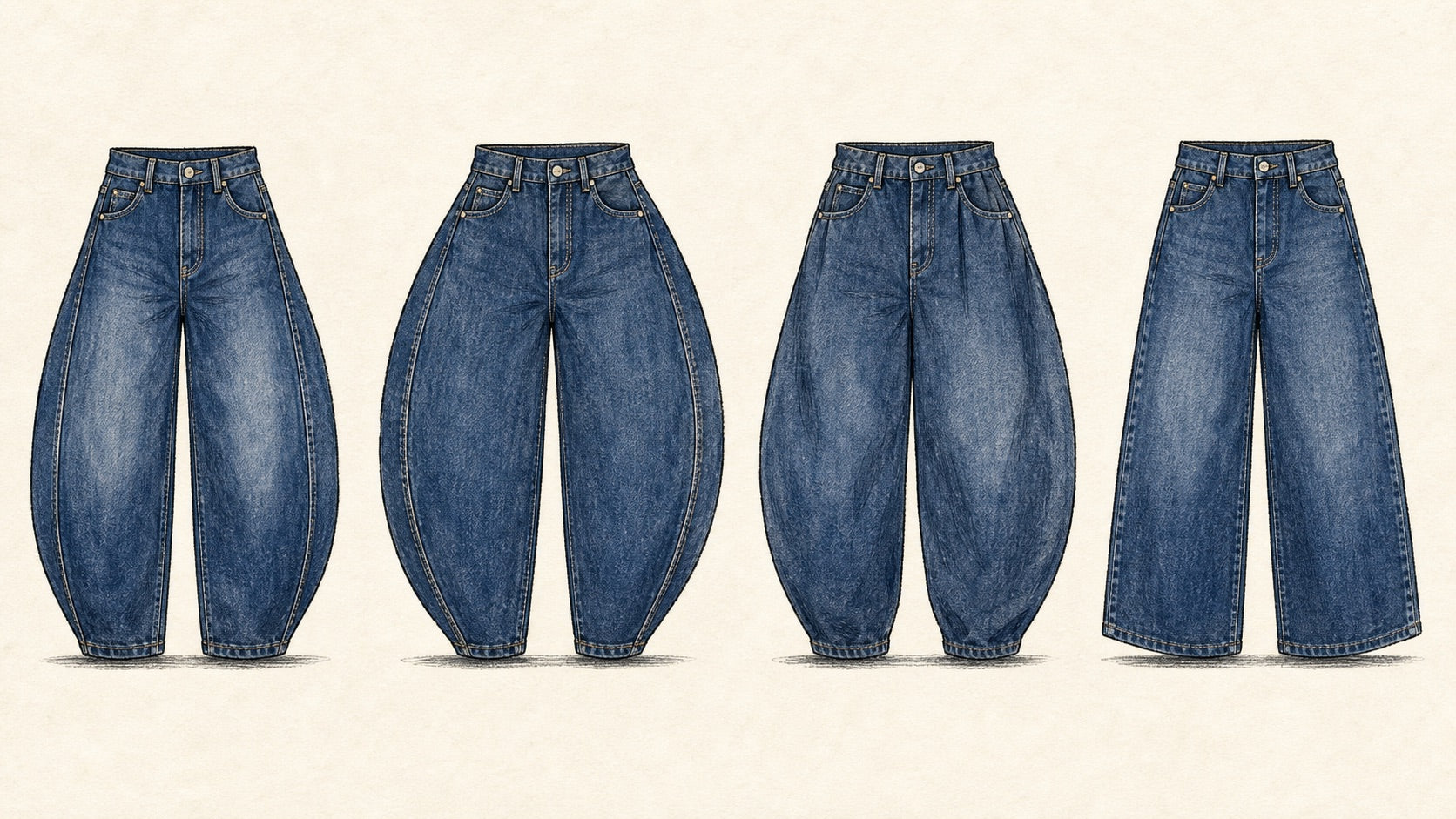 Illustration comparing barrel-leg jeans, horseshoe jeans, balloon jeans, and wide tapered jeans