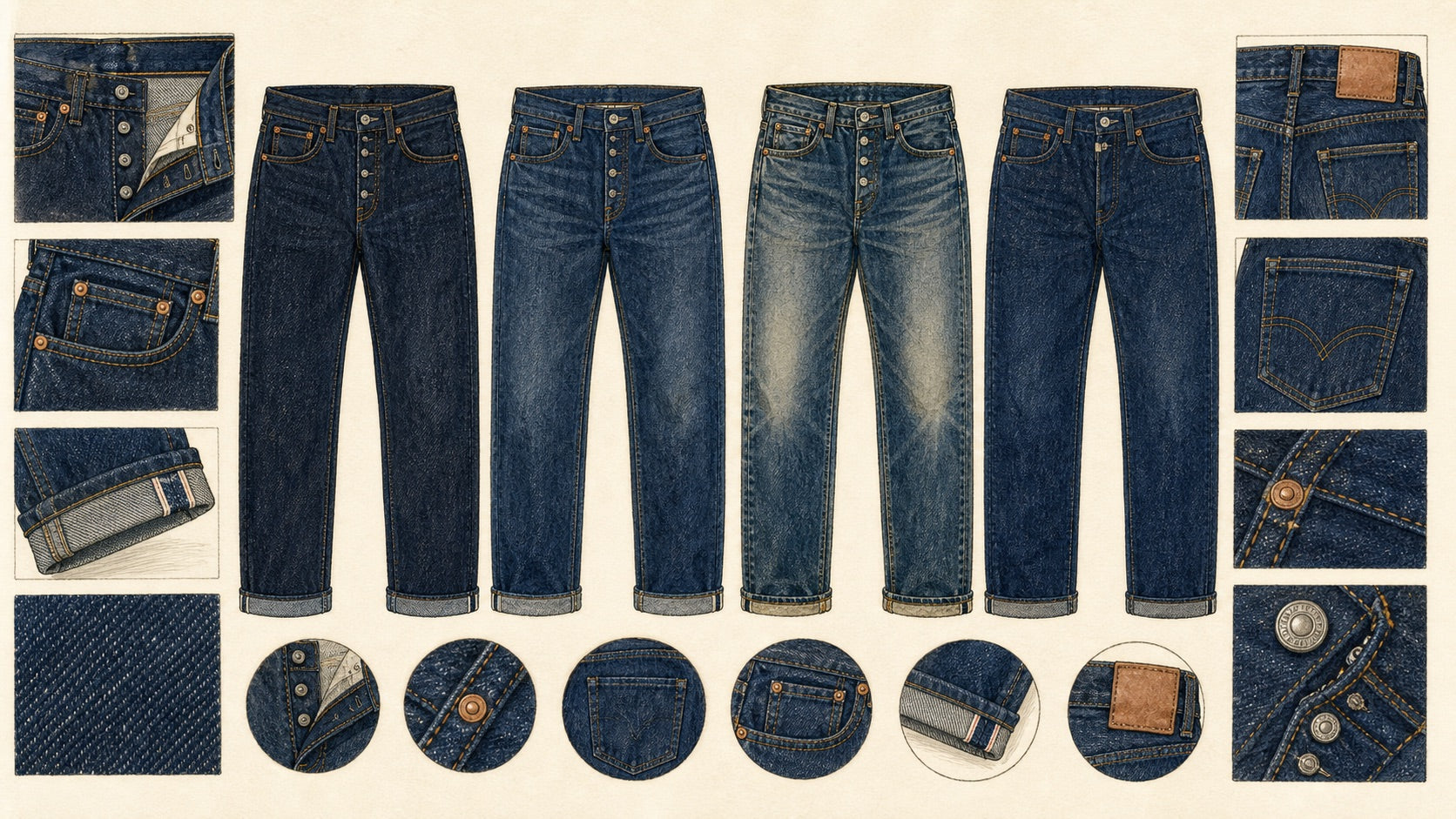 Illustration of classic straight jeans, original five-pocket jeans, button fly, rivets, coin pocket, selvedge cuff, and back patch details