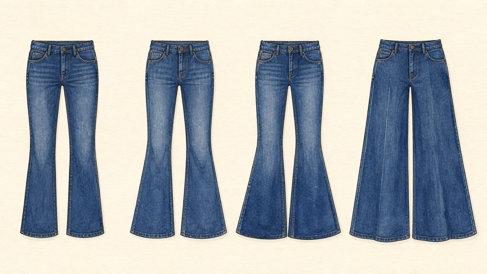 Illustration comparing bootcut jeans, flare jeans, bell-bottom jeans, and wide flare jeans