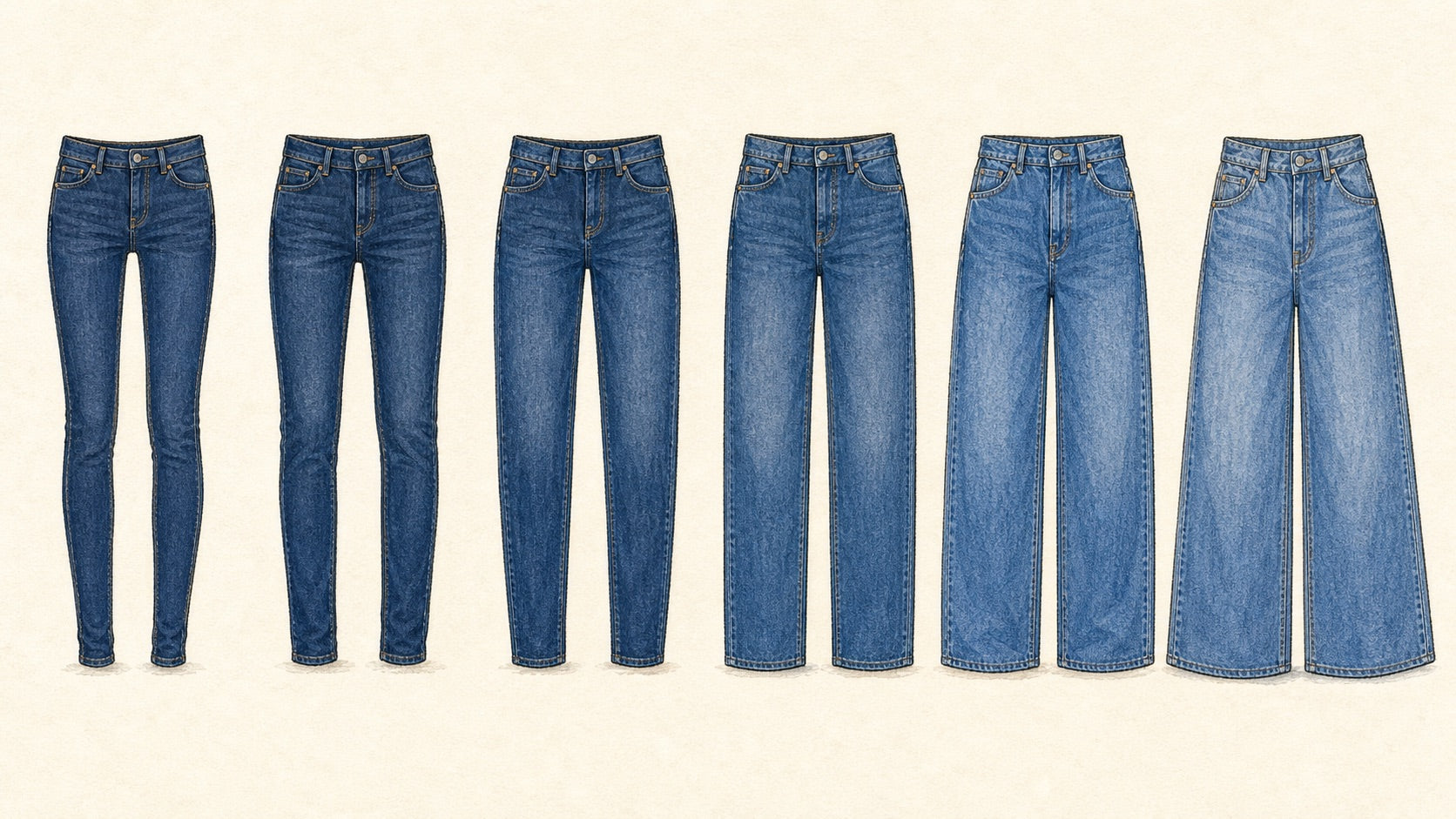 Illustration comparing skinny jeans, slim jeans, tapered jeans, straight jeans, relaxed jeans, and wide-leg jeans