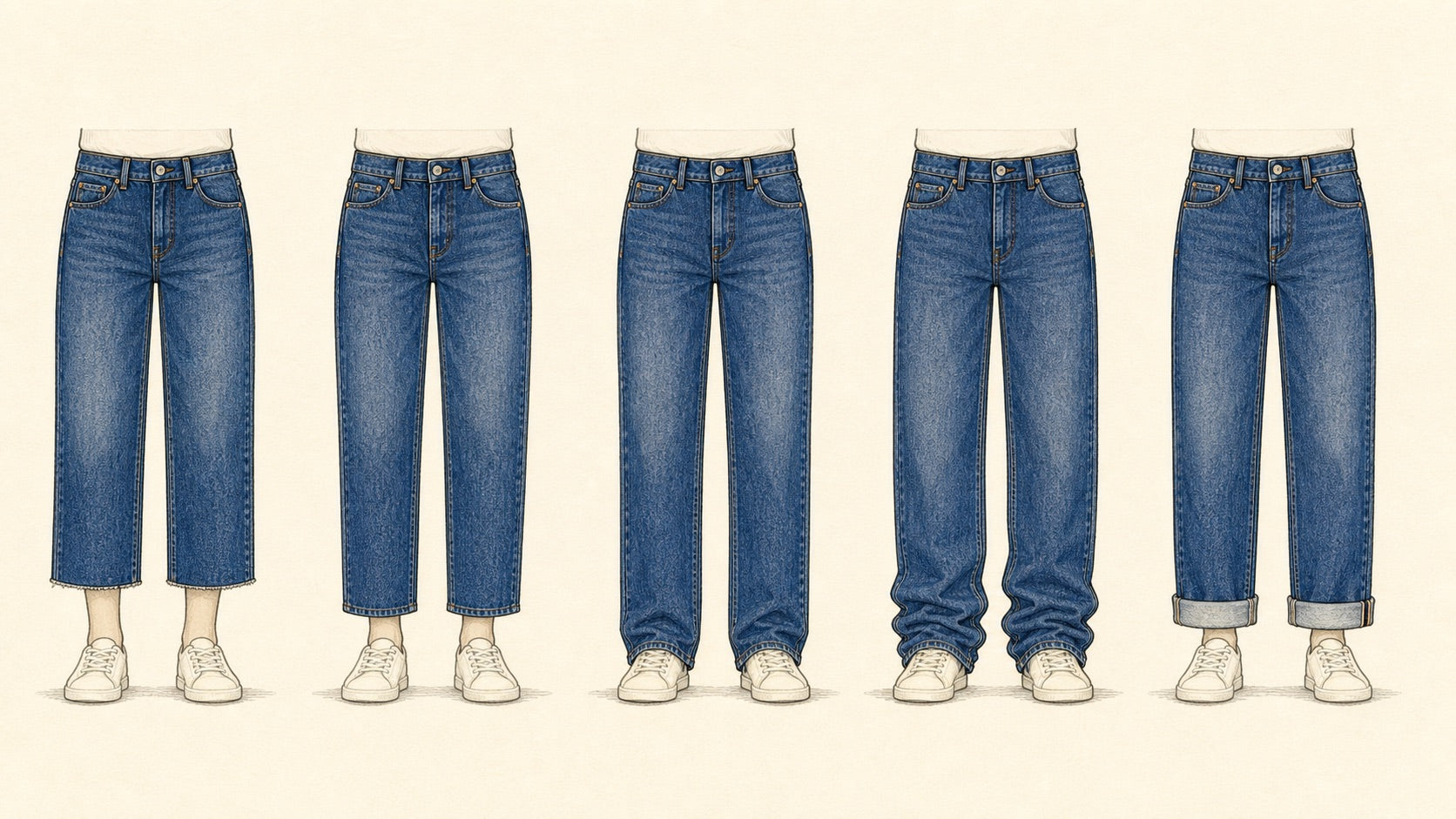 Illustration comparing cropped jeans, ankle jeans, full-length jeans, stacked jeans, and cuffed jeans
