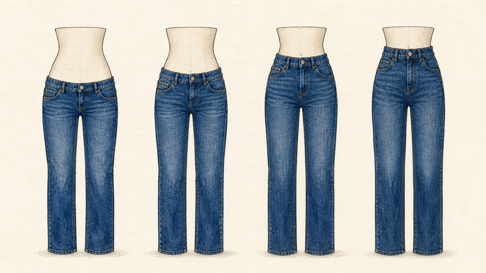 Illustration comparing low-rise jeans, mid-rise jeans, high-rise jeans, and super high-rise jeans